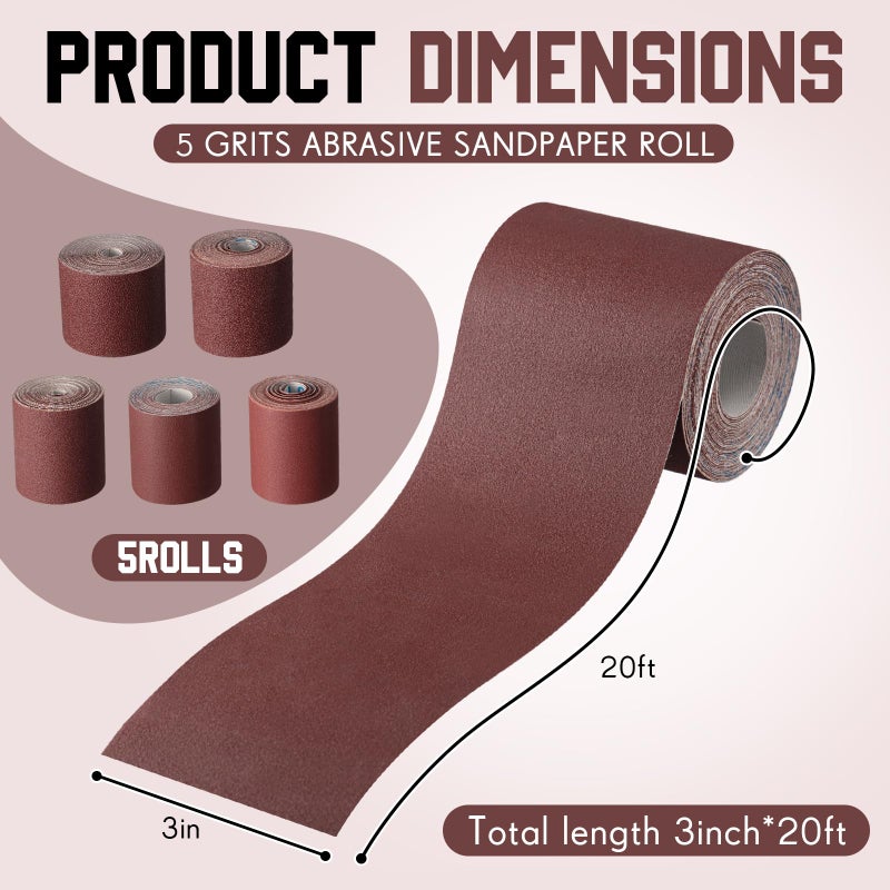 Dimsile 5 Rolls 3" Wide Emery Cloth Roll Abrasive Sandpaper Assortment Pack 80 150 240 320 400 Grits Sandpaper for Metal Wood Furniture Polishing(100 Feet, Each Roll 20 Feet) - Image 2