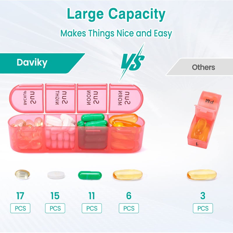Daviky Weekly Pill Organizer, 7 Day Pill Organizer 4 Times a Day, Daily Pill Box 7 Day, Large Travel Pill Box with Removable Pill Case to Hold Vitamin, Supplement and Medication (Pink) - Image 3