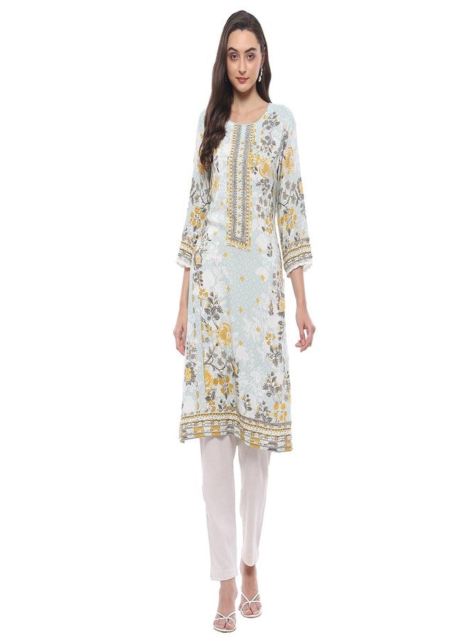 BIBA Rayon Women Printed Straight Fit Kurta Mix and Match(Chintz Glaze COLLECTION20406_ICE Blue_32) - Image 1
