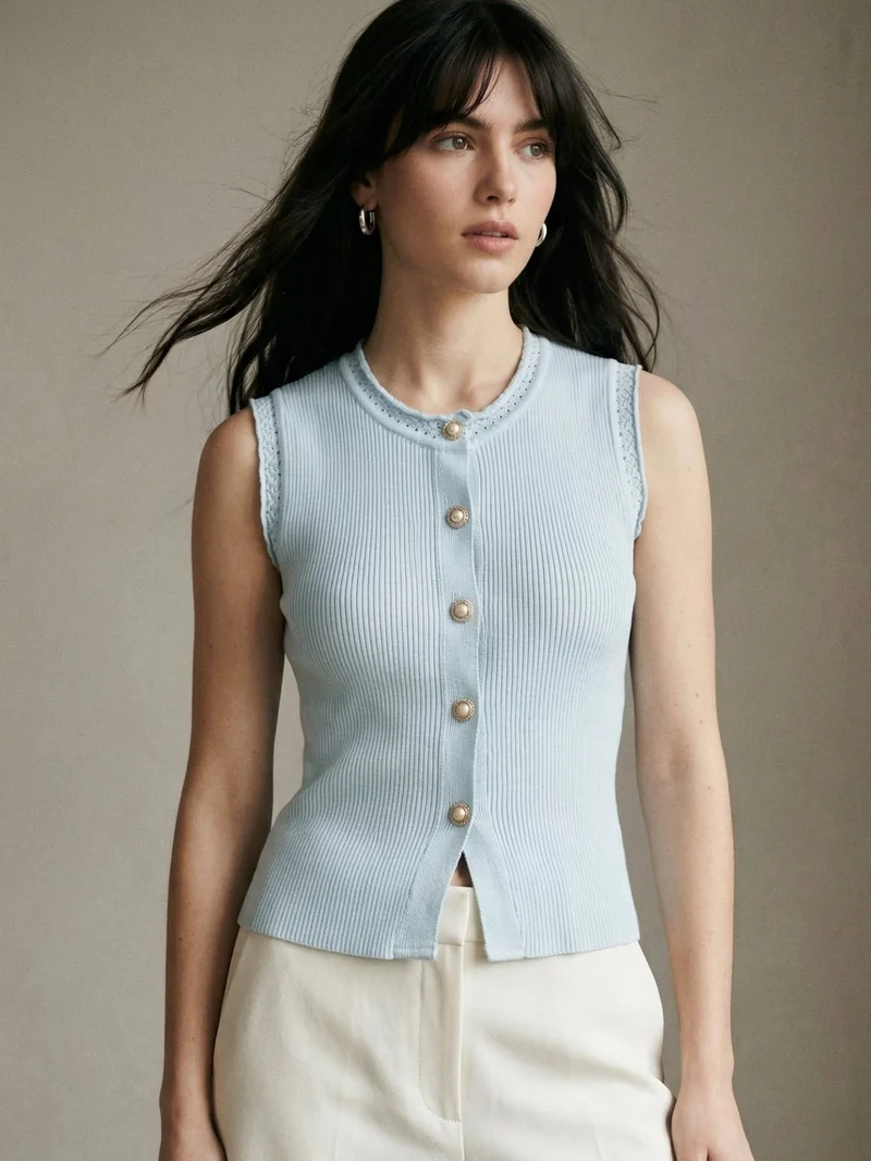 Light Blue Textured Top With Metal Button Trims