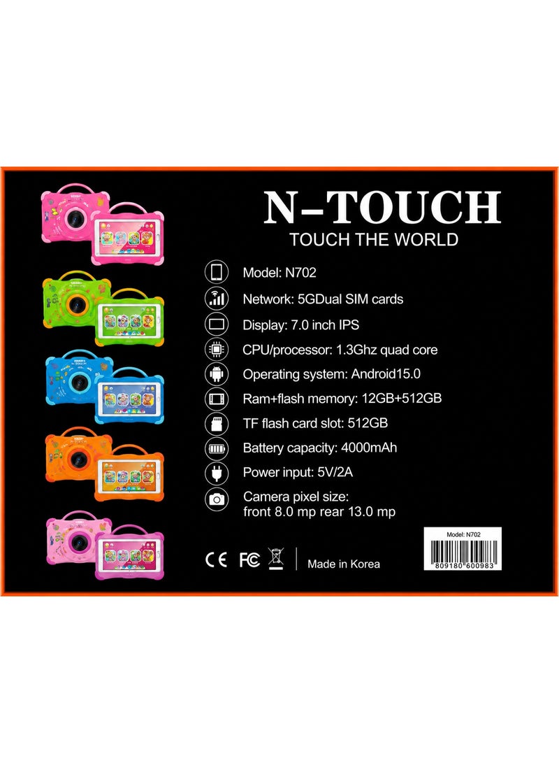 Touch جهاز لوحي للأطفال N-TOUCH N702 مقاس 7 بوصة مع واي فاي + 5G ودعم شريحتين | 12GB رام | 512GB تخزين | أندرويد 15 | كاميرا مزدوجة | وردي - Image 2