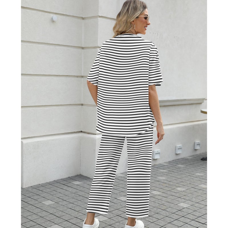 SeeLuNa Women's Two Piece Outfits 3/4 Batwing Sleeve Capelet Crew Neck Pullover Top Wide Leg Pants Lounge Set(Stripe-Black,S) - Image 2