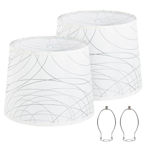 Luvkczc White Lampshades Set of 2 for Table Floor Lamp Lampshades with with Line Design 127 Top x 127 Bottom x 10 High Natural Linen Hand Crafted Lamp Shade Harp Holder Included - Image 1