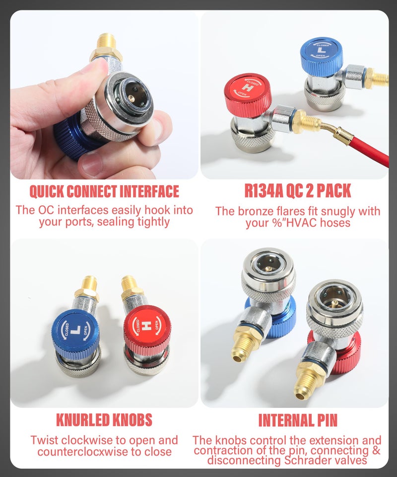 SUJADE YAKEFLY AC R134A Adapter Fittings,R134a Connector 1/4 Inch Quick Connector with Manifold Gauge Set, Adjustable Quick Coupler Adapters Fitting Kit for R134a Car AC System Evacuation Recharging and More - Image 3