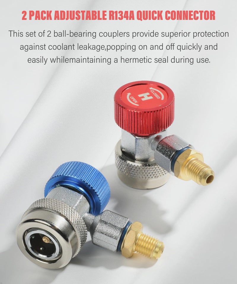 SUJADE YAKEFLY AC R134A Adapter Fittings,R134a Connector 1/4 Inch Quick Connector with Manifold Gauge Set, Adjustable Quick Coupler Adapters Fitting Kit for R134a Car AC System Evacuation Recharging and More - Image 2