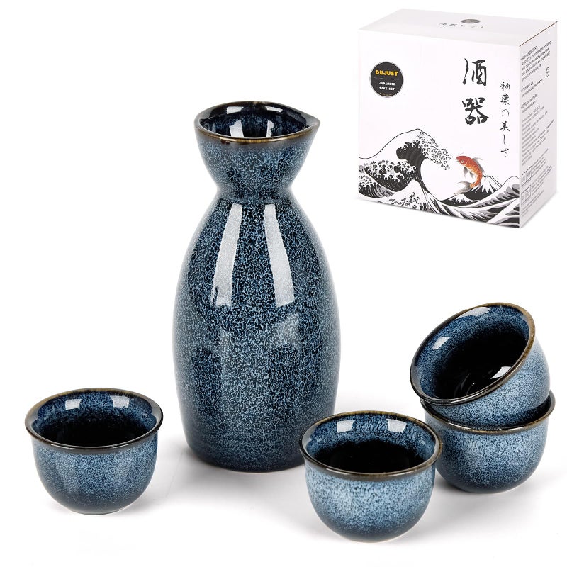 DUJUST 5 pcs Japanese Sake Set, Kiln Altered Glaze Porcelain Sake Set, 1 Bottle, 4 Cups & 1 Gift Box, Warm Carafe, Special Japanese Gift Set - Blue - Image 1
