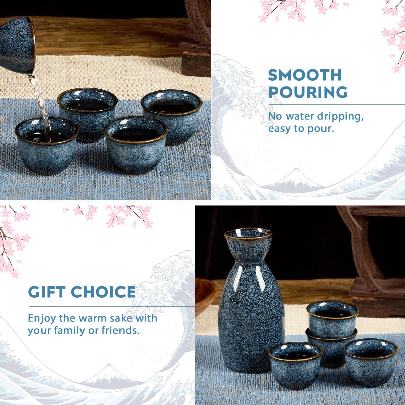 DUJUST 5 pcs Japanese Sake Set, Kiln Altered Glaze Porcelain Sake Set, 1 Bottle, 4 Cups & 1 Gift Box, Warm Carafe, Special Japanese Gift Set - Blue - Image 4