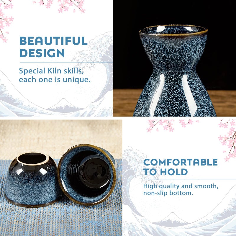 DUJUST 5 pcs Japanese Sake Set, Kiln Altered Glaze Porcelain Sake Set, 1 Bottle, 4 Cups & 1 Gift Box, Warm Carafe, Special Japanese Gift Set - Blue - Image 3
