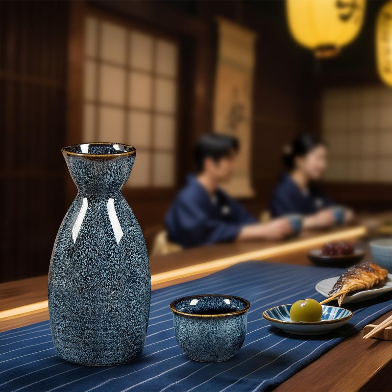 DUJUST 5 pcs Japanese Sake Set, Kiln Altered Glaze Porcelain Sake Set, 1 Bottle, 4 Cups & 1 Gift Box, Warm Carafe, Special Japanese Gift Set - Blue - Image 2