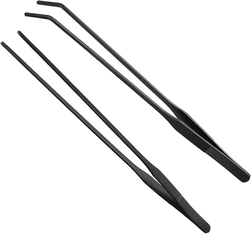 HRASY Black Aquarium Tweezers Set Stainless Steel Straight and Curved Tweezers Long Handle Reptile Feeding Tongs for Fish Tank Aquatic Plants, Pack of 2, 10.6 Inch - Image 1
