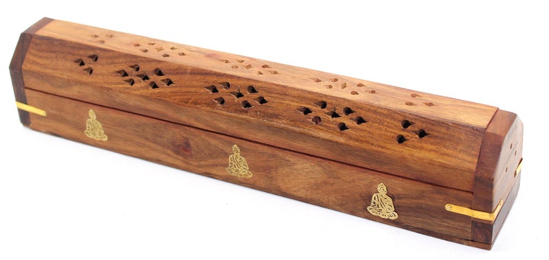 Govinda Wooden Coffin Incense Burner  12 Buddha  Brass Inlays  Storage Compartment