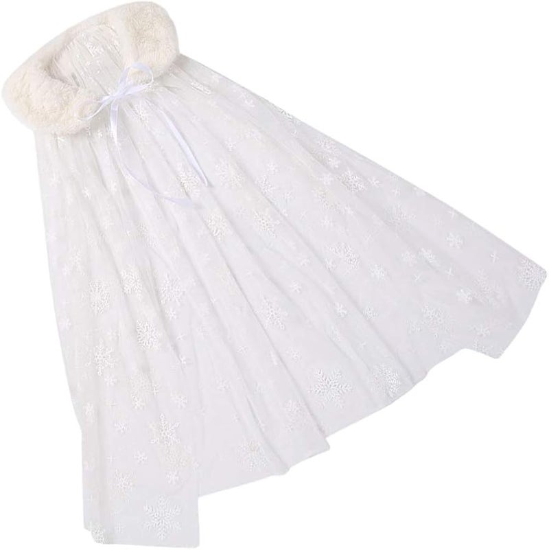 comfrt Princess Cape Cloaks Polyester Cotton Mesh Snowflake Hooded Cloak New Year Birthday Party Cosplay Costume for Girls Toddler (White) - Image 1