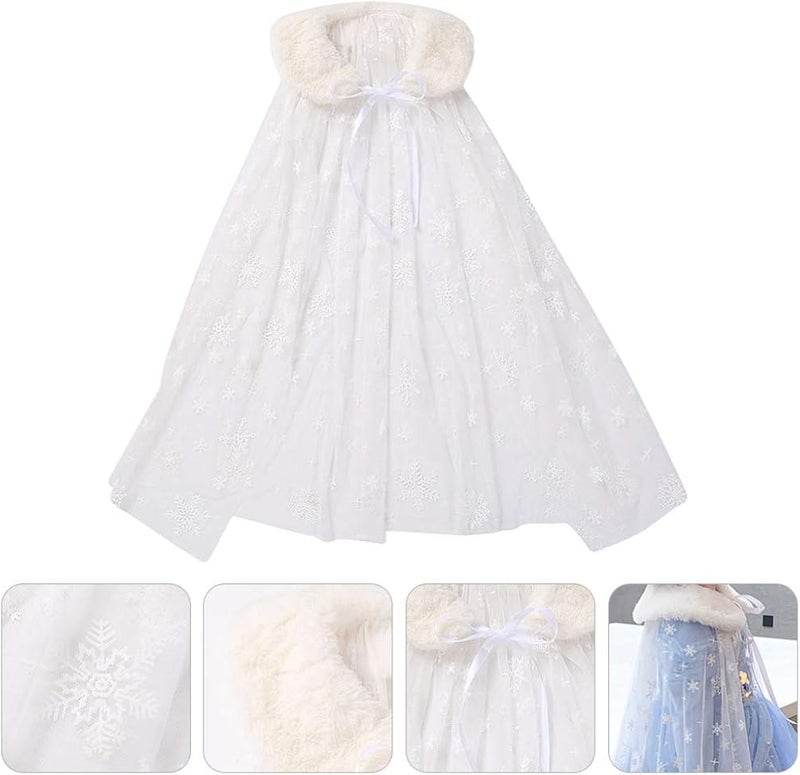 comfrt Princess Cape Cloaks Polyester Cotton Mesh Snowflake Hooded Cloak New Year Birthday Party Cosplay Costume for Girls Toddler (White) - Image 4