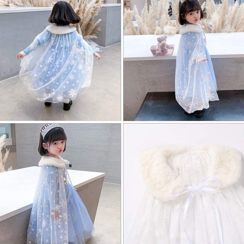 comfrt Princess Cape Cloaks Polyester Cotton Mesh Snowflake Hooded Cloak New Year Birthday Party Cosplay Costume for Girls Toddler (White) - Image 5