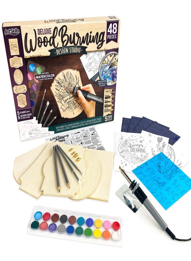 ArtSkills Wood Burning Kit for Beginners - Deluxe Pyrography Wood Engraving Art Kit with Burner Pen, Stencils, Watercolor Paints - 48 Piece DIY Woodburning Tool Kit for Adults and Kids - Image 1