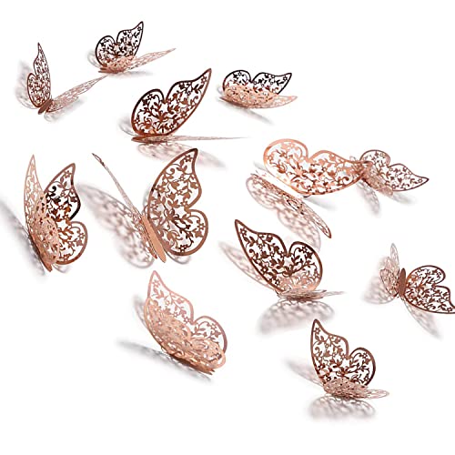Xtore® 12pcs 3D Gorgeous Shiny Rose Gold Butterfly Stickers with Sticking Pads- (Rose Gold, Set of 12) - Image 1