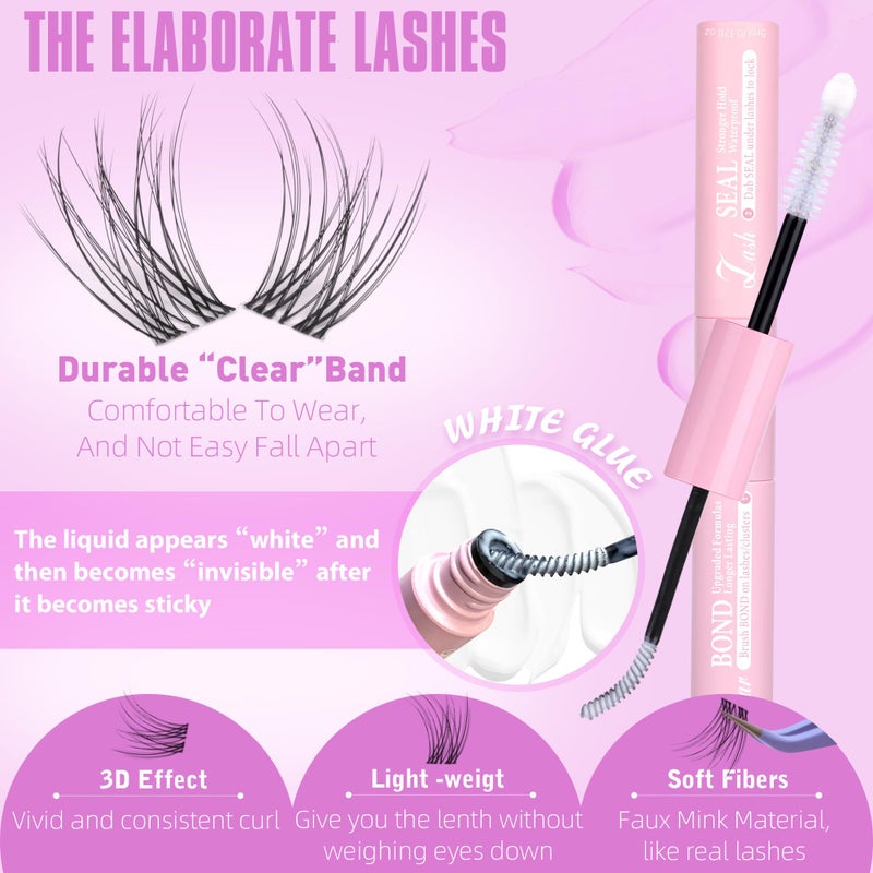 Geeneiya Clear Band Lash Clusters Kit with White Glue Natural Eyelash Clusters Kit 8-16MM Wispy Lash Extension Kit D Curl Individual Eyelash Extensions with Invisible Lash Bond and Seal for Beginners - Image 2
