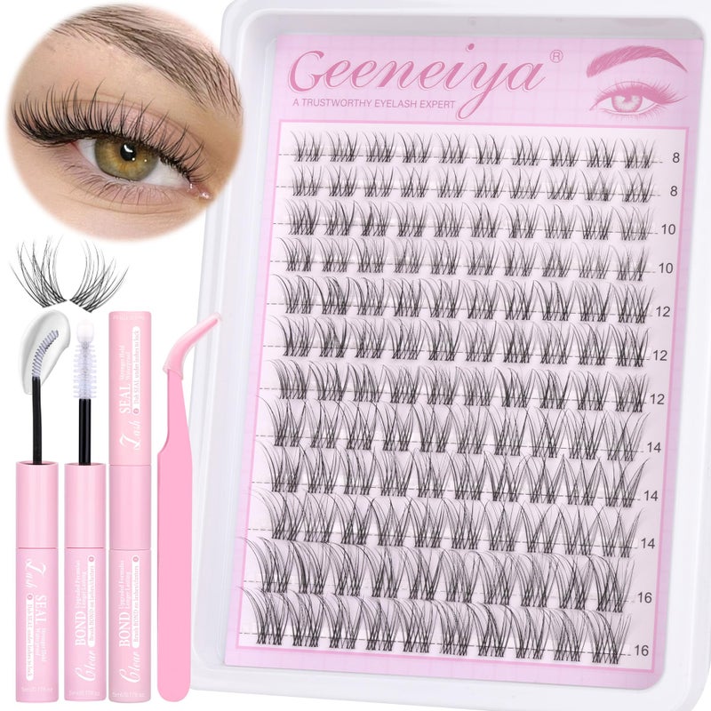 Geeneiya Clear Band Lash Clusters Kit with White Glue Natural Eyelash Clusters Kit 8-16MM Wispy Lash Extension Kit D Curl Individual Eyelash Extensions with Invisible Lash Bond and Seal for Beginners - Image 1