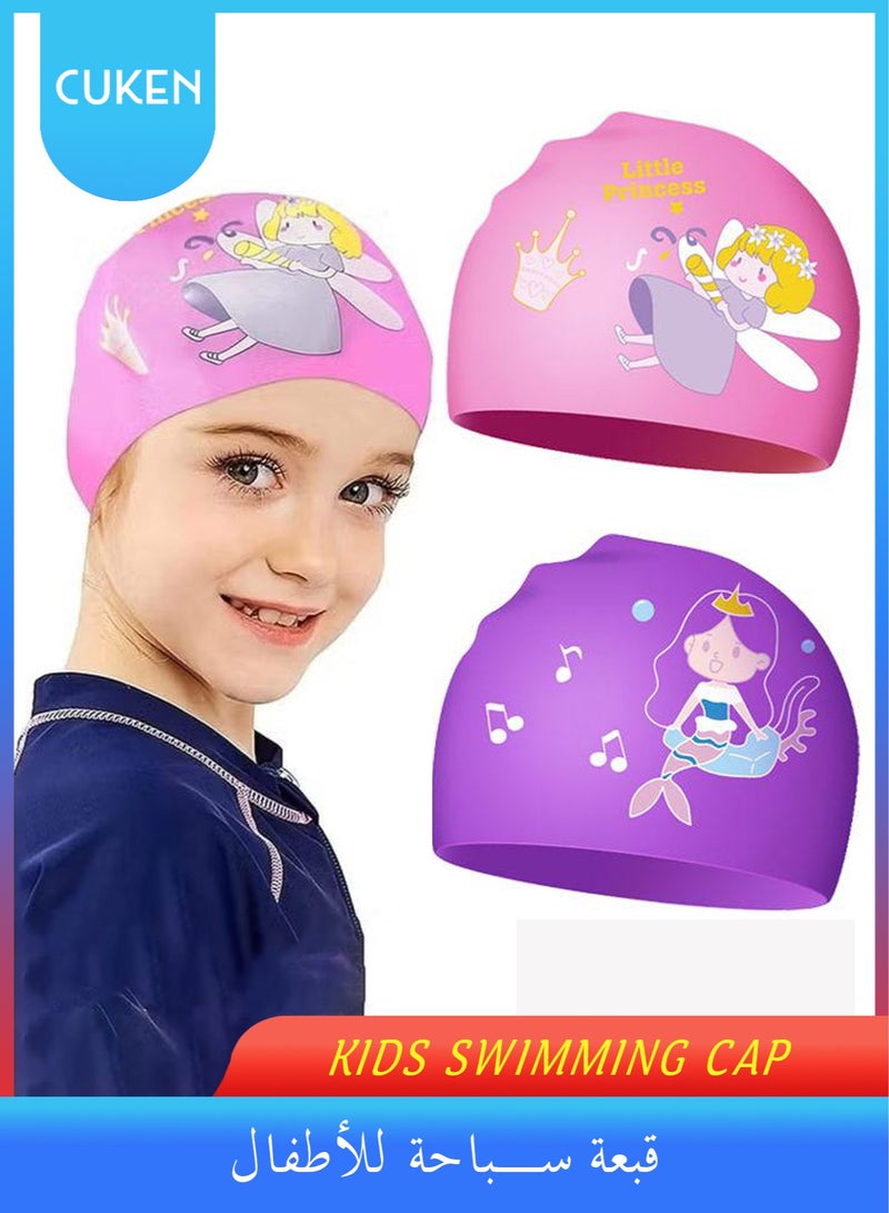 Cuken 2 Pcs Kids Swimming Cap Swim Cap, Cartoon Swim Cap Stretchable Waterproof Swimming Cap, Comfortable Swimming Hat, Durable Silicone Swimming Cap - Image 1