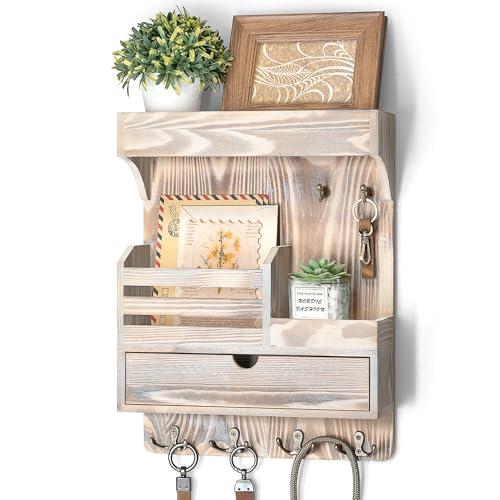 Rebee Vision Farmhouse Key Holder Wall Mount with Drawer Organizer Wooden Mail Key Organizer with 6 Strong Hooks Wall Shelf A Perfect Addition to Your Farmhouse Home Decor Natural Wood - Image 1