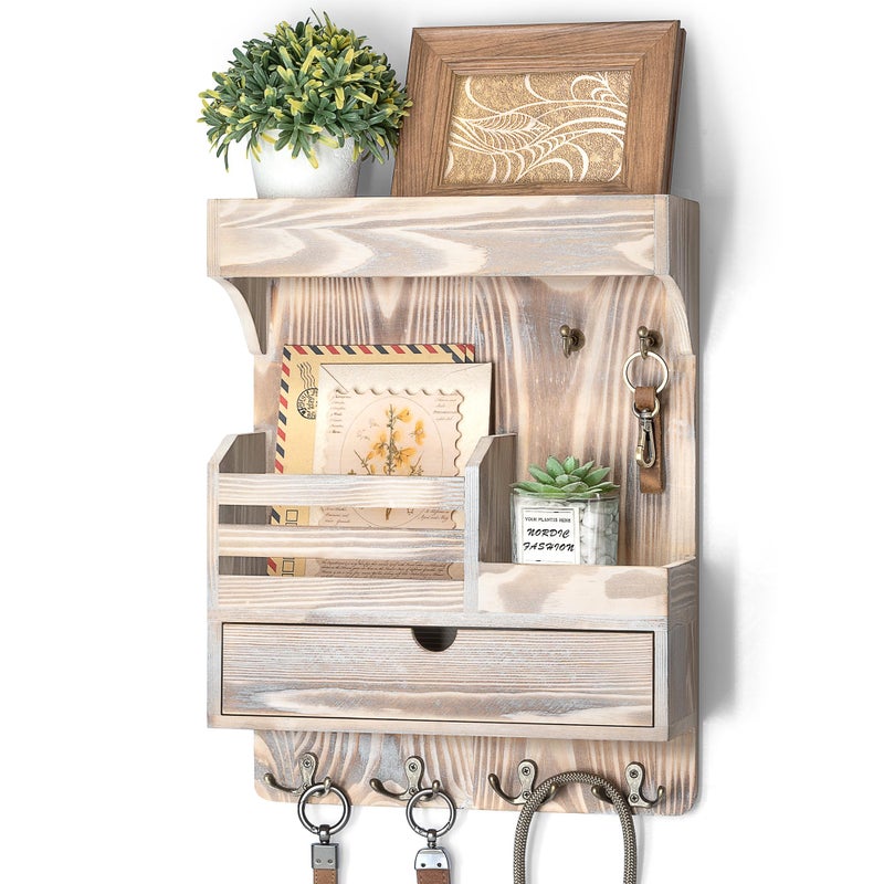 Rebee Vision Farmhouse Key Holder Wall Mount with Drawer Organizer Wooden Mail Key Organizer with 6 Strong Hooks Wall Shelf A Perfect Addition to Your Farmhouse Home Decor Natural Wood - Image 2
