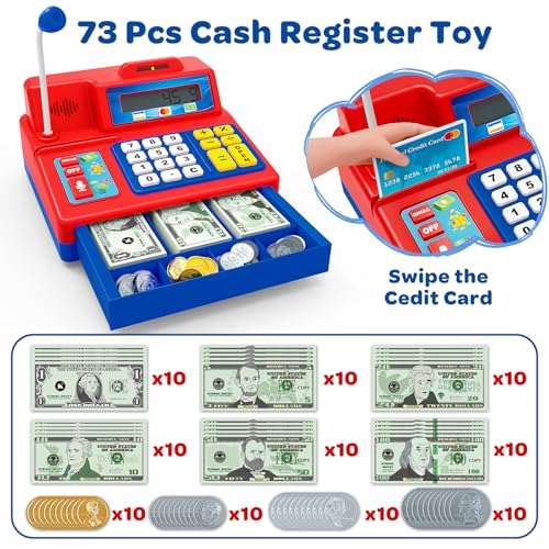 Bstoyder Calculator Cash Register Toy Gift for Kids Age 3 4 5 6 7 8 Year Old 103 Pcs Grocery Store Playset with Microphone Credit Card Cash Register for Toddlers Kids 48 - Image 5