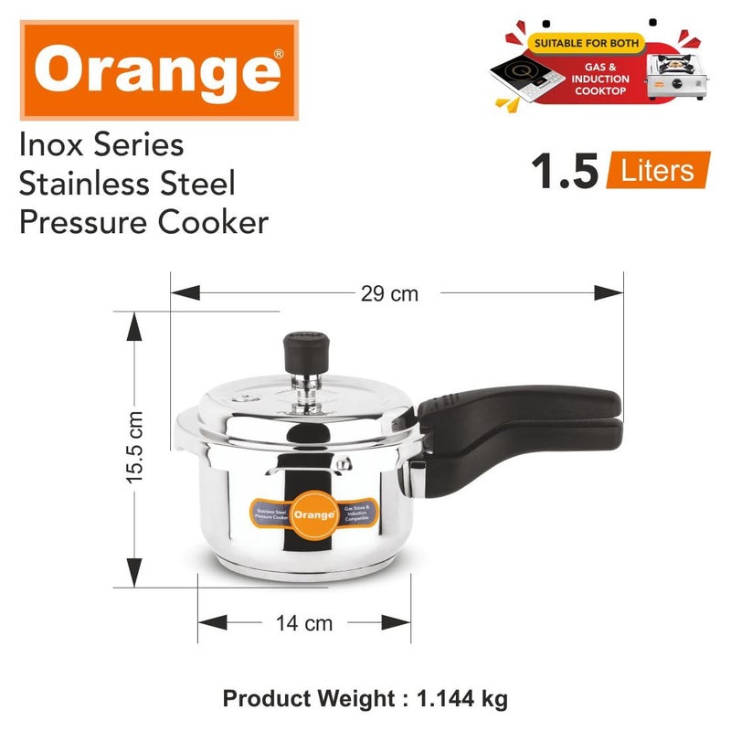 Orange طباخ ضغط صغير لطيف من الفولاذ المقاوم للصدأ بسعة 1.5 لتر مع غطاء خارجي ومقبض قوي | مناسب للطهي بالحث | غطاء عميق للتحكم في الانسكاب | سمك قاعدة 2.5 مم | ضمان 5 سنوات | فضي - Image 4