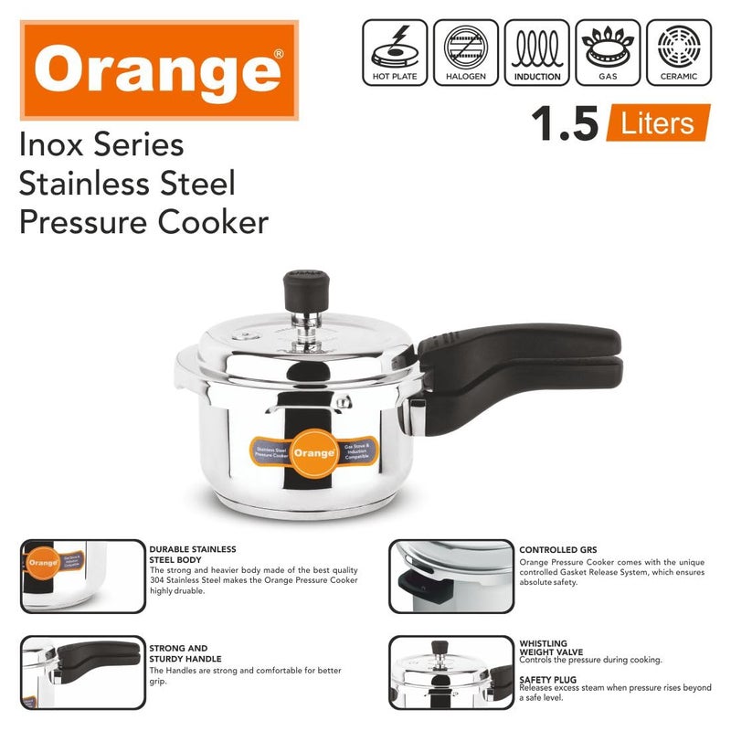 Orange طباخ ضغط صغير لطيف من الفولاذ المقاوم للصدأ بسعة 1.5 لتر مع غطاء خارجي ومقبض قوي | مناسب للطهي بالحث | غطاء عميق للتحكم في الانسكاب | سمك قاعدة 2.5 مم | ضمان 5 سنوات | فضي - Image 5