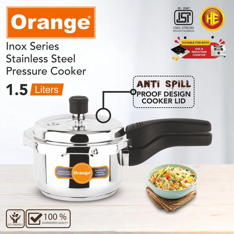 Orange طباخ ضغط صغير لطيف من الفولاذ المقاوم للصدأ بسعة 1.5 لتر مع غطاء خارجي ومقبض قوي | مناسب للطهي بالحث | غطاء عميق للتحكم في الانسكاب | سمك قاعدة 2.5 مم | ضمان 5 سنوات | فضي - Image 2