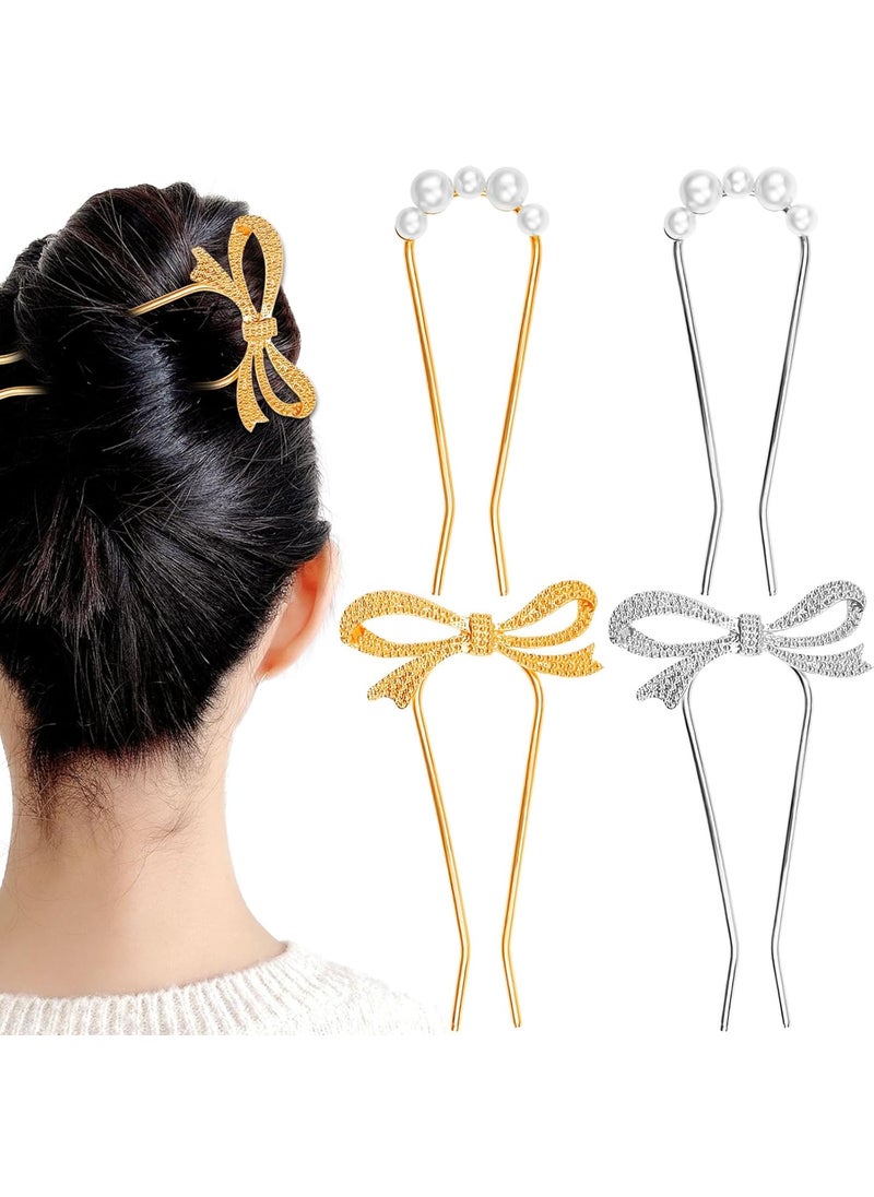 Aswewamt - 4 PACK Pearl Rhinestone U Shape Hair Fork Sticks Updo Hair Bun Chignon Wedding Hair Pins Hair Styling Tool Bridal Hair Accessories for Women and Girls - Image 1