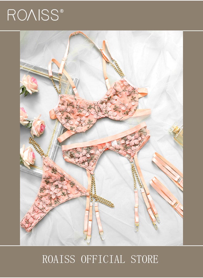roaiss 3 Point Underwear for Women with Floral Embroidery Elements and Chain Decoration Ladies Lingerie Splicing Suit  - Image 1