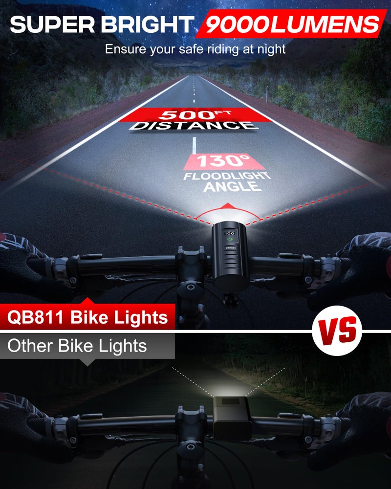Prasky 9000 Lumens Bike Light Set, Prasky Rechargeable Bicycle Lights Front and Rear, 5000mAh Super Bright LED Bike Headlight, IP65 Waterproof Multiple Modes Road Mountain Bike Lights for Night Riding - Image 2