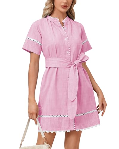 YEXPINE Women's Summer Shirt Dress Short Sleeve Button Down Mini Tie Waist Belted Tunic with Pockets RIC Rac Trim Pink - Image 1