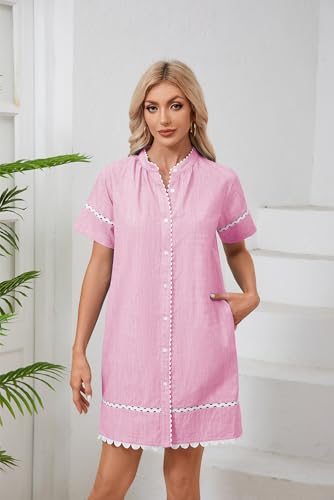 YEXPINE Women's Summer Shirt Dress Short Sleeve Button Down Mini Tie Waist Belted Tunic with Pockets RIC Rac Trim Pink - Image 5