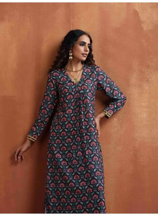 trueBrowns Black Floral Print A-line Kurta Set