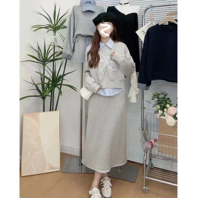 Fashionable Long Sleeve Shirt Hoodie Three-Piece Set Korean Style Age-Defying College Wear Skirt Combo For Women Autumn Season Three piece suit long style