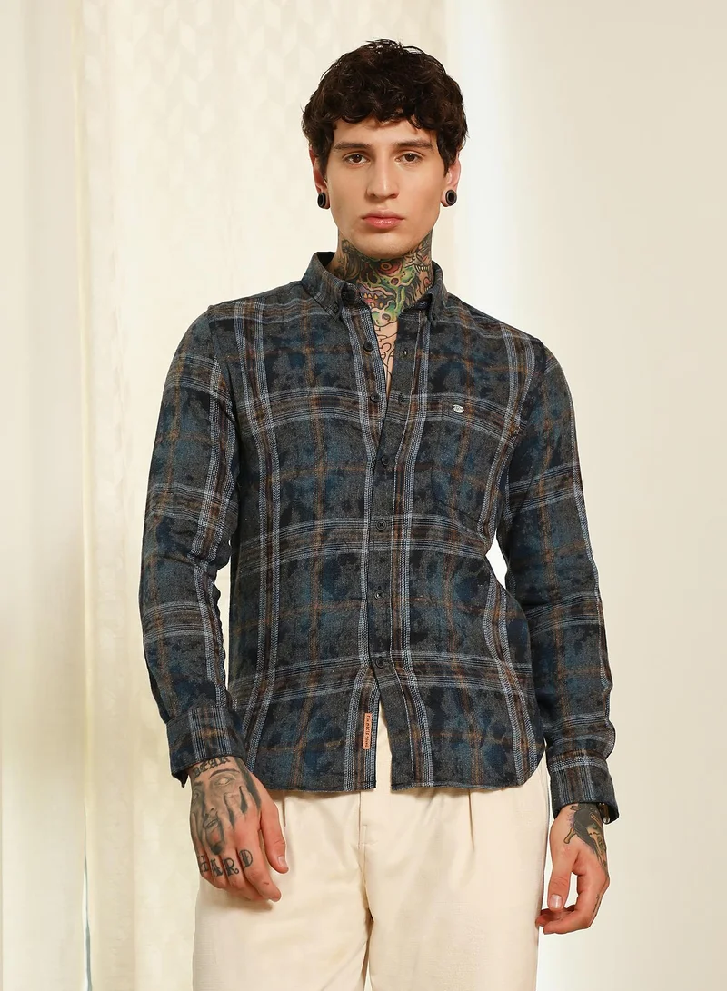 Campus Sutra Men's Blue Plaid Cotton Blend Slim Fit Shirt