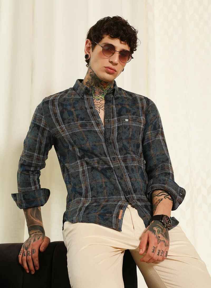 Campus Sutra Men's Blue Plaid Cotton Blend Slim Fit Shirt
