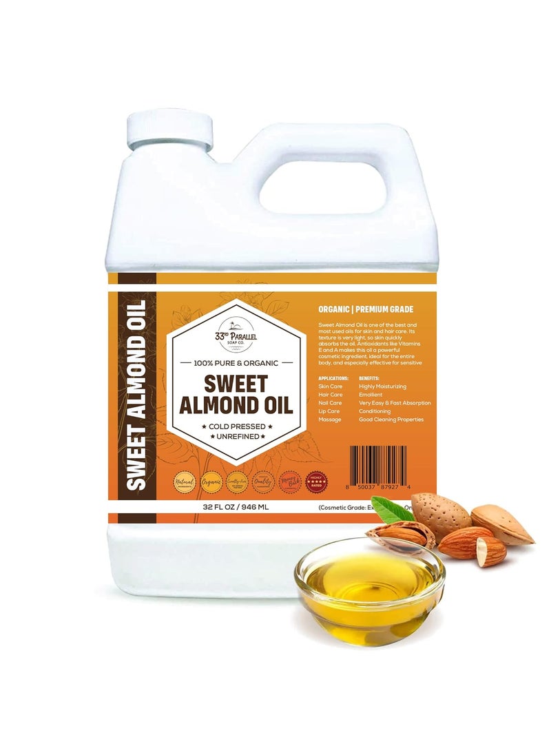 33RD PARALLEL SOAP CO. - ORGANIC SWEET ALMOND OIL 32 oz Premium Cold Pressed Unrefined  100 Pure Sweet Almond Oil for Skin Face Hair Soap Making  Carrier for Essential Oils  Available in Bulk  32 FL OZ - Image 1
