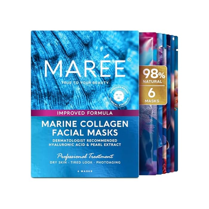 MAREE Collagen Facial Mask with Hyaluronic Acid — Sheet Face Mask Skincare — Centella Asiatica, Green & Red Algae Extract — Hydrating Facemask For Women Skin Care — Mascarillas Para La Cara — 6 Count