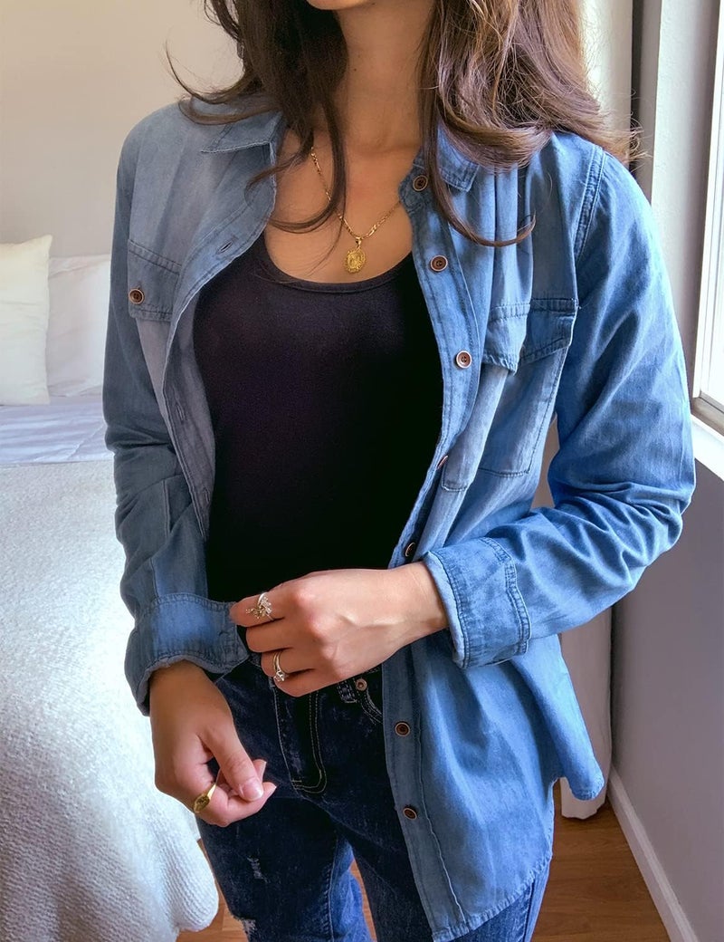 luvamia Denim Shirt Women Chambray Jean Western Shirts Long Sleeve Button Down Tops A Lapis Air X-Large Fits US 16-18 - Image 5