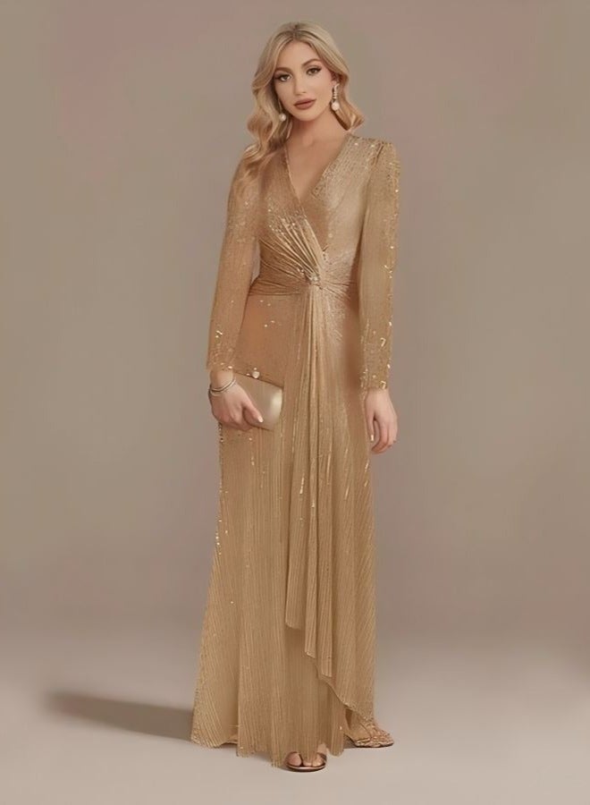 Women's Long - sleeve V - neck Sequin Maxi Dress