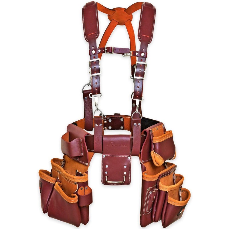 Leather PRO19 100 Genuine Full Grain Leather Tool BeltPouchBag Tool Belt with Suspenders Comfort Back Support Tool Pouches with Suspenders for ConstructionFramers Maroon