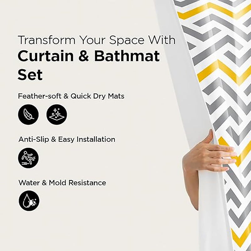 Kuber Industries Shower Curtain & Bathmat Set | Non-Slip Bath mats for Bathroom | Easy-Slide Curtains | Polyester Curtain or Bathmat for Bath D?cor | YX0151-3T | 3 Pcs Set | Multicolor - Image 2
