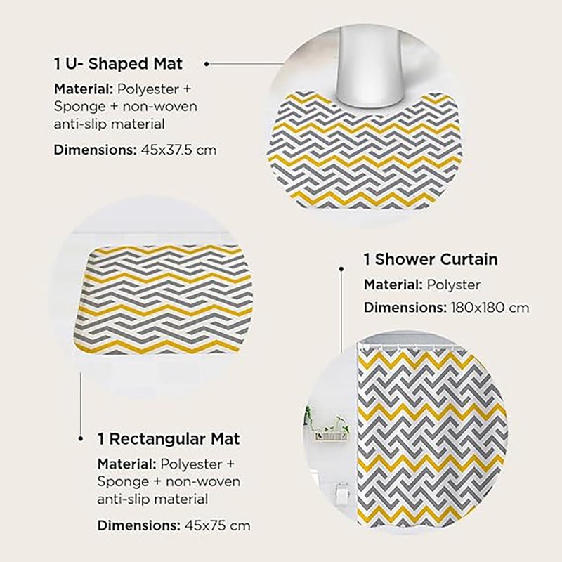 Kuber Industries Shower Curtain & Bathmat Set | Non-Slip Bath mats for Bathroom | Easy-Slide Curtains | Polyester Curtain or Bathmat for Bath D?cor | YX0151-3T | 3 Pcs Set | Multicolor - Image 3