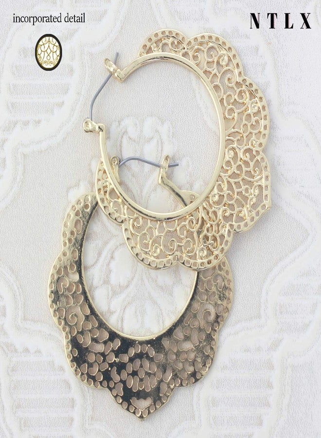 NTLX Bohemian Boho Filigree Hoop Earrings for Women - Intricate & Delicate Cutout Design Details - Tribal Floral Gypsy Lightweight Geometric Metallic Statement Earrings (Outer Floral - Gold) - Image 4