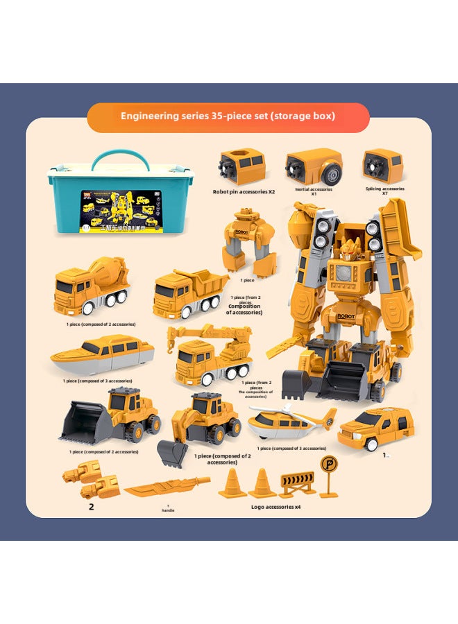 Children's Magnetic Toy Car Boy's Building Blocks Assembled And Spliced Engineering Vehicle Varietized Puzzle King Kong Robot Cross-border-Specifications:Storage Box [engineering Series] 35 Pieces  - Image 1