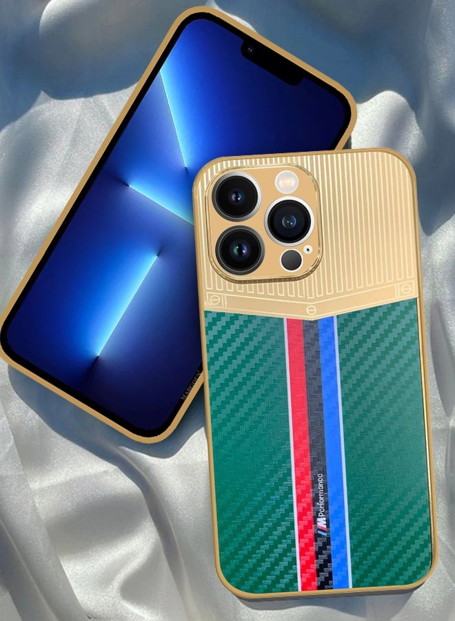 CATANES Luxury Gold Plated Case for iPhone 13 Pro Max - Hybrid Electroplated Frame Back Cover with Carbon Fiber Texture - Racing Stripe Pattern Green - Image 3
