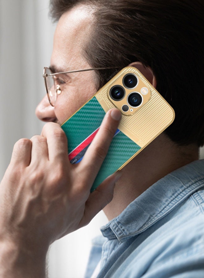 CATANES Luxury Gold Plated Case for iPhone 13 Pro Max - Hybrid Electroplated Frame Back Cover with Carbon Fiber Texture - Racing Stripe Pattern Green - Image 4