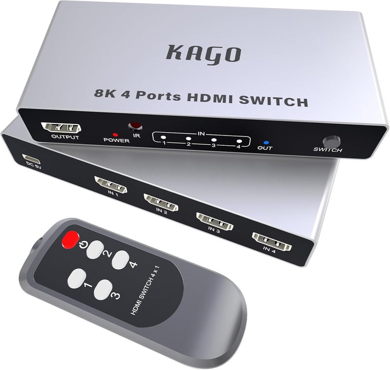 KAGO 8K HDMI 2.1 Switch 4 in 1 Out,4K 120Hz 4 Port HDMI Selector Box with Remote, Metal Shell HDMI Splitter Switcher Support HDR HDCP 3D, for PS4/5 Xbox PC Laptop Blu-Ray Player - Image 1
